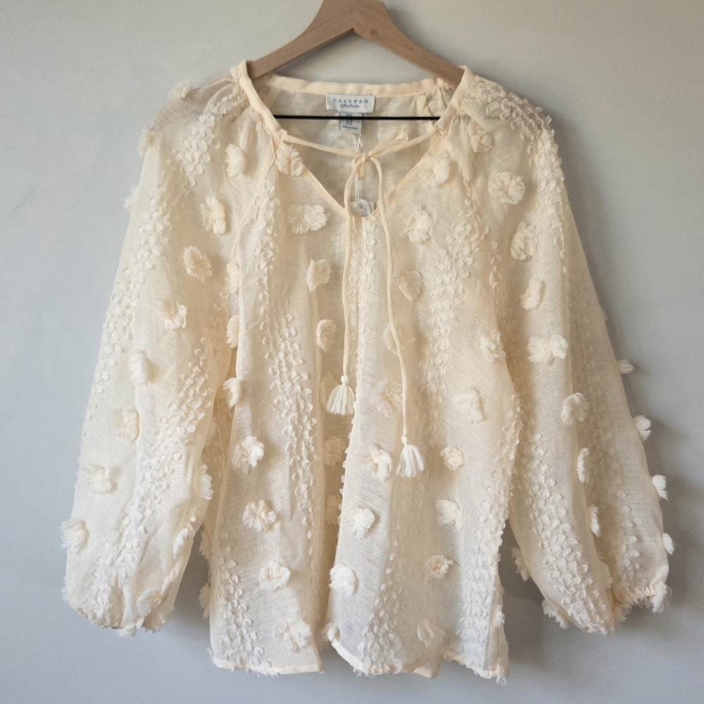 Calypso St Barth Cream Textured Sheer Tassel Tie Blouse Womens Size Medium - Picture 1 of 8